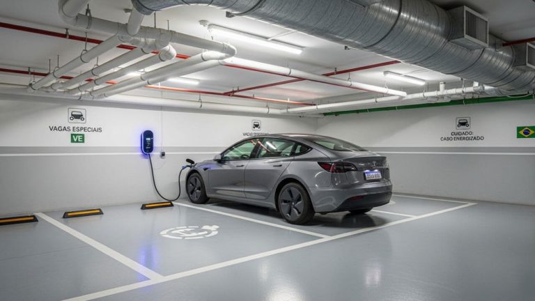 Carro elétrico conectado a carregador em estacionamento condominial com infraestrutura para eletromobilidade em condomínios