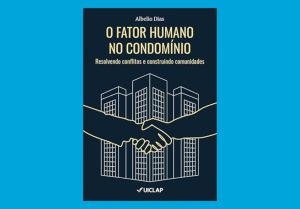 Capa do livro O Fator Humano no Condomínio sobre gestão condominial humanizada com ilustração de mãos se cumprimentando e edifícios ao fundo