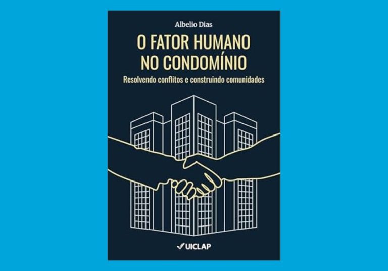 Capa do livro O Fator Humano no Condomínio sobre gestão condominial humanizada com ilustração de mãos se cumprimentando e edifícios ao fundo