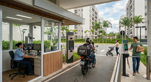 Portaria híbrida em condomínio moderno com segurança uniformizado atendendo motociclista entregador e moradores na entrada do edifício