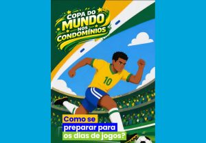 Jogador de futebol uniformizado celebrando Copa do Mundo com foco em segurança condominial e preparação de condomínios para eventos esportivos