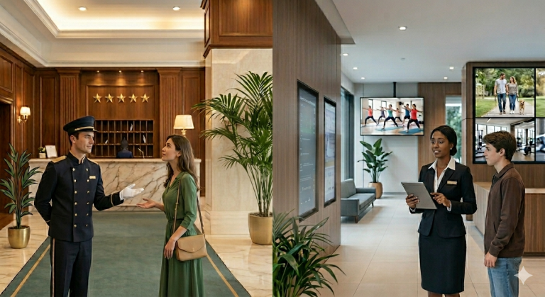 Terceirização de serviços em condomínio com porteiro uniformizado atendendo moradora em hall elegante e recepcionista profissional utilizando tecnologia para atendimento de qualidade