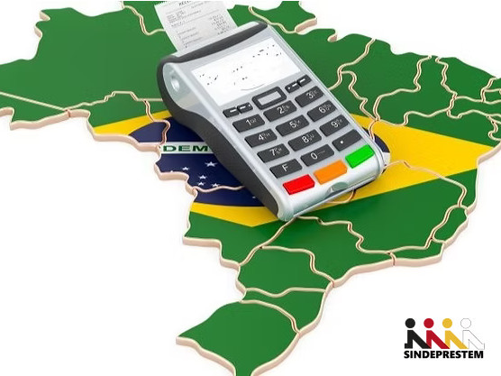 Custo da mão de obra no Brasil representado por mapa brasileiro com máquina de pagamento, simbolizando os altos custos trabalhistas e encargos sociais